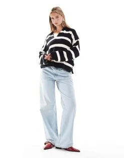 Bershka Oversized Polo Jumper In Black & White Stripe For Women Black -Chic Maze Sales 207142028 3