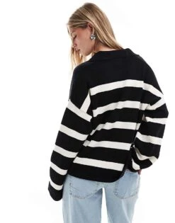 Bershka Oversized Polo Jumper In Black & White Stripe For Women Black -Chic Maze Sales 207142028 4