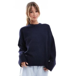 Bershka Chunky Crew Neck Jumper In Navy For Women Blue -Chic Maze Sales 207142043 1 blue 1