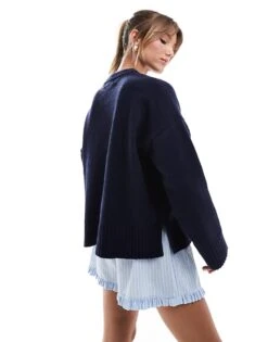 Bershka Chunky Crew Neck Jumper In Navy For Women Blue -Chic Maze Sales 207142043 3