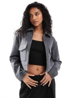 Bershka Boxy Wool Jacket In Dark Grey For Women
