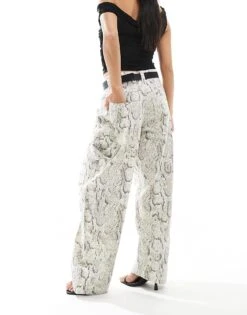 Bershka Petite Carpenter Trousers In Snakeskin Print For Women Snake Print -Chic Maze Sales 207142199 2