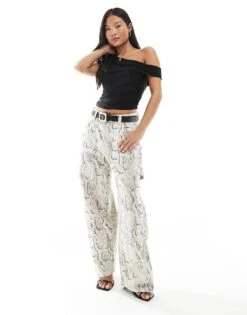 Bershka Petite Carpenter Trousers In Snakeskin Print For Women Snake Print -Chic Maze Sales 207142199 4