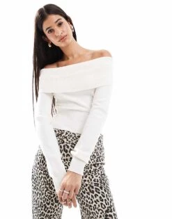 Bershka Bardot Knitted Jumper In Ecru For Women Beige -Chic Maze Sales 207142280 2