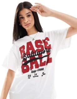 Bershka Oversized 'baseball' Graphic Tee For Women White -Chic Maze Sales 207142293 1 white 1