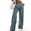 Bershka Tie Waist Wide Leg Trousers In Green Check For Women -Chic Maze Sales 207142306 1 green