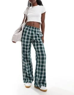 Bershka Tie Waist Wide Leg Trousers In Green Check For Women -Chic Maze Sales 207142306 3