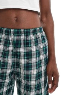 Bershka Tie Waist Wide Leg Trousers In Green Check For Women -Chic Maze Sales 207142306 4