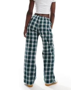 Bershka Tie Waist Wide Leg Trousers In Green Check For Women -Chic Maze Sales 207142306 5
