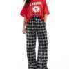 Bershka Tie Waist Wide Leg Trousers In Black Check For Women Black -Chic Maze Sales 207142318 1 black