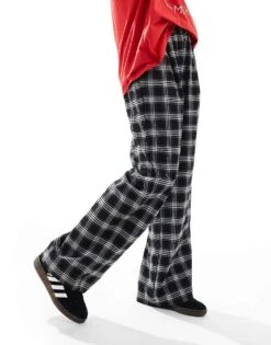 Bershka Tie Waist Wide Leg Trousers In Black Check For Women Black -Chic Maze Sales 207142318 3