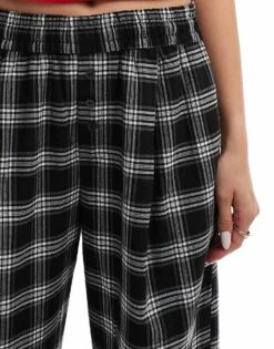 Bershka Tie Waist Wide Leg Trousers In Black Check For Women Black -Chic Maze Sales 207142318 5