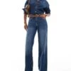 Bershka High Waisted 90s Wide Leg Jeans In Dark Wash For Women Blue -Chic Maze Sales 207163898 1 blue