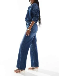 Bershka High Waisted 90s Wide Leg Jeans In Dark Wash For Women Blue -Chic Maze Sales 207163898 2