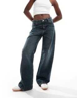 Bershka Baggy Wide Leg Jeans In Dark Wash Blue For Women -Chic Maze Sales 207163957 1 blue 1