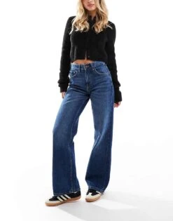Bershka Petite High Waisted 90s Wide Leg Jeans In Dark Wash For Women Blue -Chic Maze Sales 207164000 1 blue 1