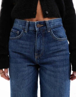 Bershka Petite High Waisted 90s Wide Leg Jeans In Dark Wash For Women Blue -Chic Maze Sales 207164000 5