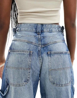Bershka Adjustable Waist Carpenter Jeans In Mid Wash Blue For Women -Chic Maze Sales 207164010 4