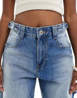 Bershka Adjustable Waist Carpenter Jeans In Mid Wash Blue For Women -Chic Maze Sales 207164010 5