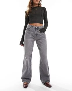 Bershka High Waisted 90s Wide Leg Jeans In Washed Grey For Women -Chic Maze Sales 207164294 1 grey 1