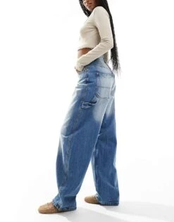Bershka Adjustable Waist Carpenter Jeans In Light Wash Blue For Women -Chic Maze Sales 207164422 3