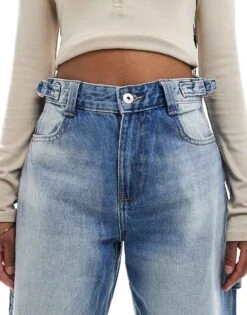 Bershka Adjustable Waist Carpenter Jeans In Light Wash Blue For Women -Chic Maze Sales 207164422 5