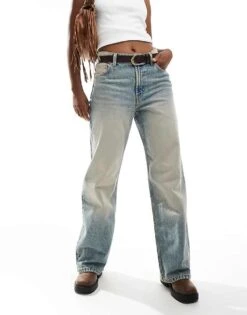 Bershka High Waisted Baggy Wide Leg Jeans In Dirty Wash For Women Blue -Chic Maze Sales 207164588 1 blue 1