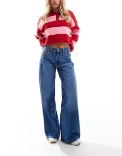 Bershka Petite High Waisted Wide Leg Jeans In Dark Wash For Women Blue -Chic Maze Sales 207165947 1 blue 1