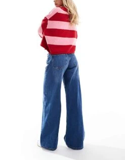 Bershka Petite High Waisted Wide Leg Jeans In Dark Wash For Women Blue -Chic Maze Sales 207165947 2