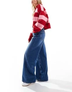 Bershka Petite High Waisted Wide Leg Jeans In Dark Wash For Women Blue -Chic Maze Sales 207165947 3