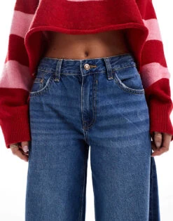 Bershka Petite High Waisted Wide Leg Jeans In Dark Wash For Women Blue -Chic Maze Sales 207165947 5