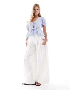 Bershka Poplin Peplum Tie Detail Top In Blue Stripe For Women -Chic Maze Sales 207165999 2