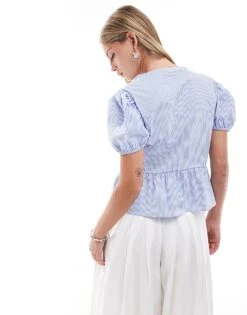 Bershka Poplin Peplum Tie Detail Top In Blue Stripe For Women -Chic Maze Sales 207165999 4