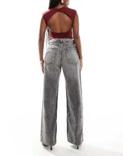 Bershka High Waisted Baggy Wide Leg Jeans In Dark Wash Grey For Women -Chic Maze Sales 207166045 2