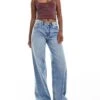 Bershka High Waisted Wide Leg Jeans In Light Wash Blue For Women -Chic Maze Sales 207166099 1 blue
