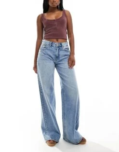 Bershka High Waisted Wide Leg Jeans In Light Wash Blue For Women