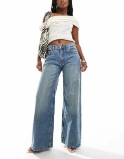 Bershka High Waisted Wide Leg Jeans In Dirty Mid Blue Wash For Women -Chic Maze Sales 207166128 1 blue 1