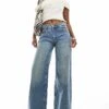 Bershka High Waisted Wide Leg Jeans In Dirty Mid Blue Wash For Women -Chic Maze Sales 207166128 1 blue