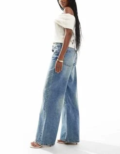 Bershka High Waisted Wide Leg Jeans In Dirty Mid Blue Wash For Women -Chic Maze Sales 207166128 2