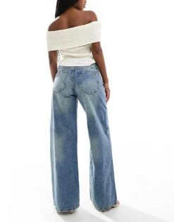 Bershka High Waisted Wide Leg Jeans In Dirty Mid Blue Wash For Women -Chic Maze Sales 207166128 3