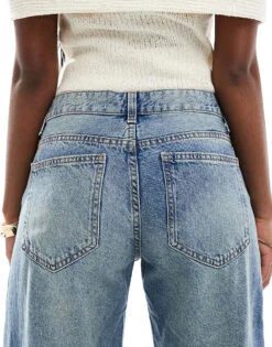 Bershka High Waisted Wide Leg Jeans In Dirty Mid Blue Wash For Women -Chic Maze Sales 207166128 4