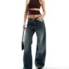 Bershka Petite Baggy Wide Leg Jeans In Mid Wash Blue For Women -Chic Maze Sales 207166275 1 blue