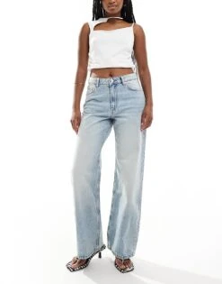 Bershka High Waisted Baggy Wide Leg Jeans In Dirty Light Wash Blue For Women -Chic Maze Sales 207167022 1 blue 1
