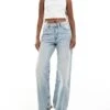 Bershka High Waisted Baggy Wide Leg Jeans In Dirty Light Wash Blue For Women -Chic Maze Sales 207167022 1 blue