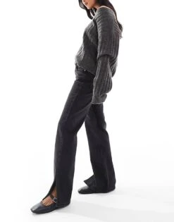 Bershka Petite Split Hem Flare Jean In Black For Women Black -Chic Maze Sales 207167062 3