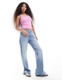 Bershka Petite Split Hem Flare Jean In Light Wash Blue For Women -Chic Maze Sales 207167836 2