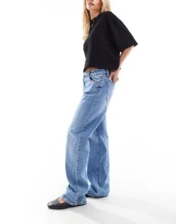 Bershka Petite Straight Leg Jeans In Mid Wash For Women Blue -Chic Maze Sales 207172260 3