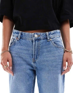 Bershka Petite Straight Leg Jeans In Mid Wash For Women Blue -Chic Maze Sales 207172260 5