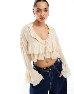 Bershka Sheer Tie Front Top In Pink For Women -Chic Maze Sales 207174515 1 pink 1