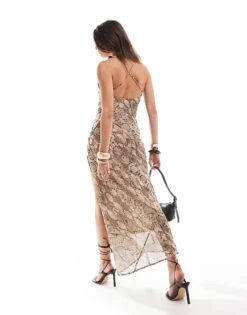Bershka Strappy Cowl Neck Maxi Dress In Snakeskin For Women Grey -Chic Maze Sales 207175968 3